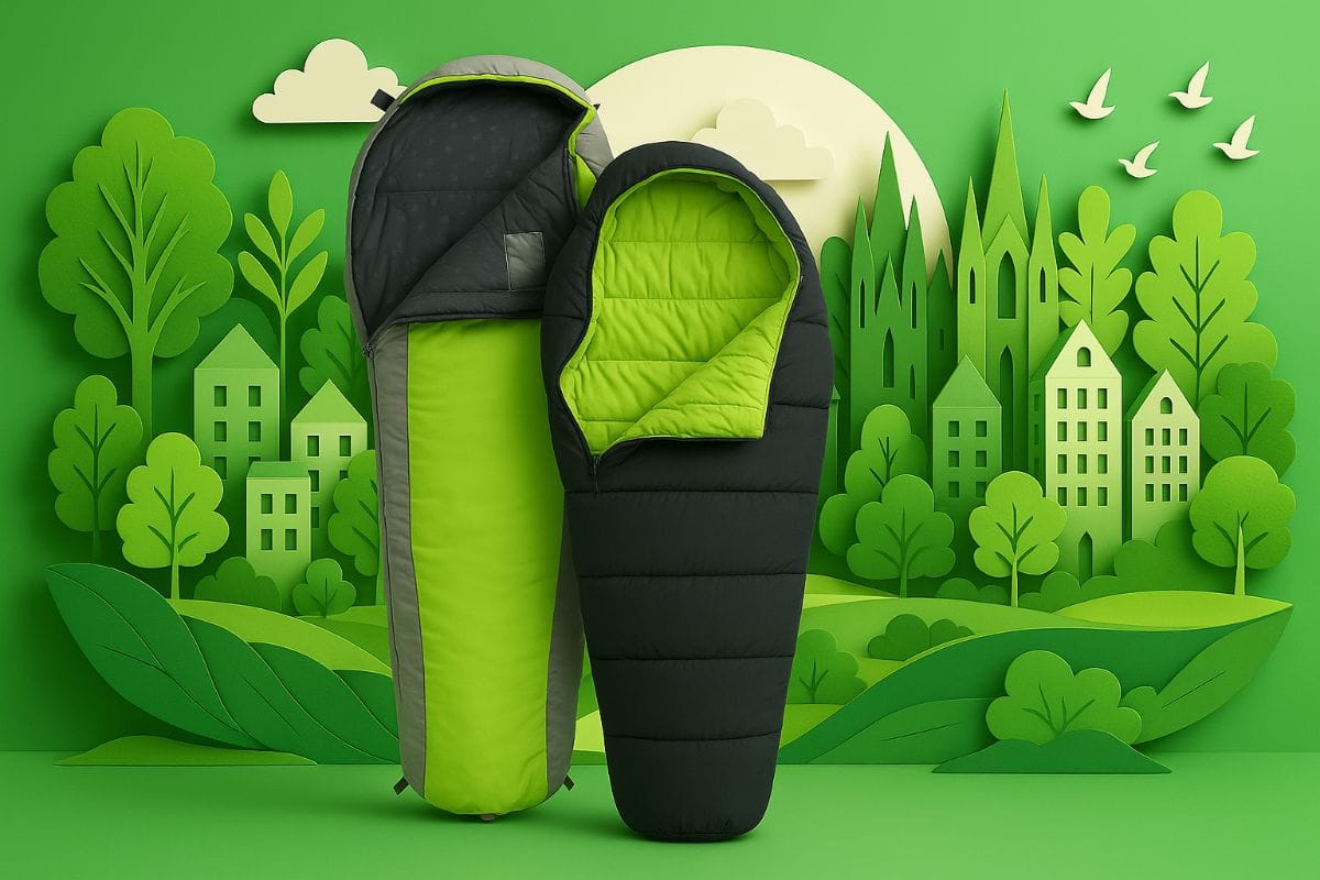 Two backpacking sleeping bags, one unzipped and one zipped, with a layered green paper cut-out landscape of trees, hills, and buildings in the background, representing the best backpacking sleeping bags for outdoor adventures.