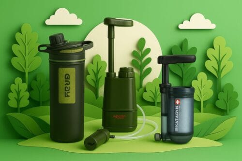 Three best backpacking water filters, including a GRAYL bottle, a Survivor Filter Pro pump, and a Katadyn pump, against a green, layered paper forest backdrop.
