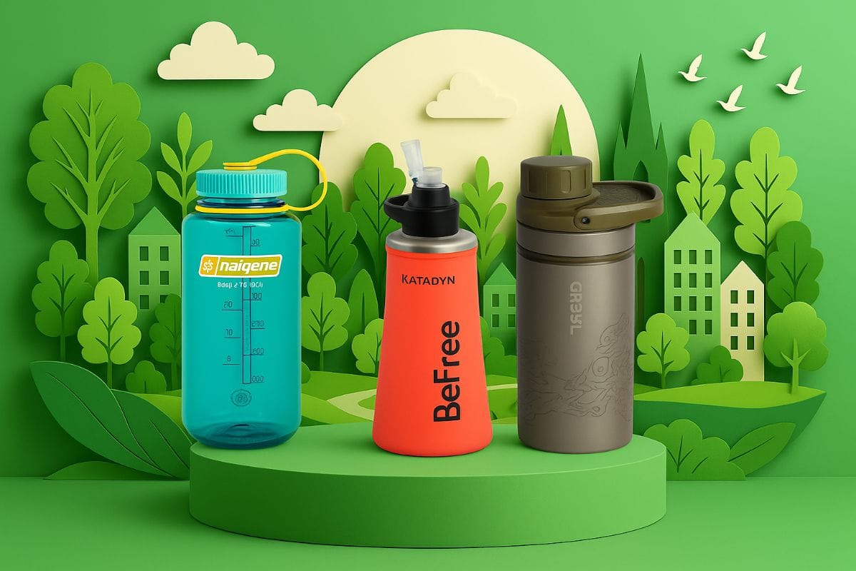 A Nalgene, Katadyn BeFree, and GRAYL UltraPress, representing some of the best hiking water bottles, are showcased on a green pedestal in front of a papercraft outdoor scene with trees and hills.