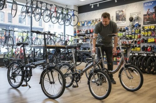 Bicycle specialist inspecting compact folding bikes at urban bike store, helping customers choose from various best folding bikes displayed on the showroom floor.