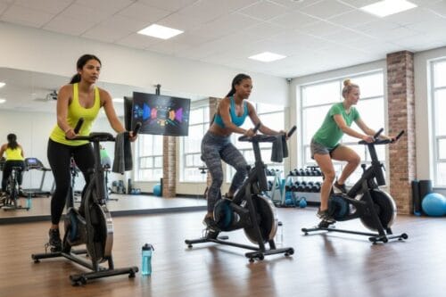 Three women doing cardio workout on indoor cycling bikes in a bright gym with mirrors and natural lighting, demonstrating popular features found in the best exercise bikes for home or studio use.