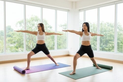 Women demonstrating warrior pose on colorful yoga mats in a bright studio with floor-to-ceiling windows, showcasing some of the best yoga mats for home practice and travel.